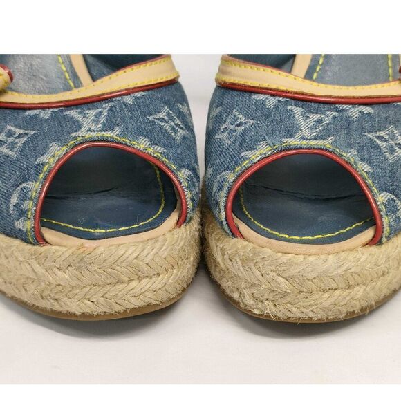 Louis Vuitton Denim Monogram Wedge Espadrilles with Bow - Size 38 - Picture 3 of 10